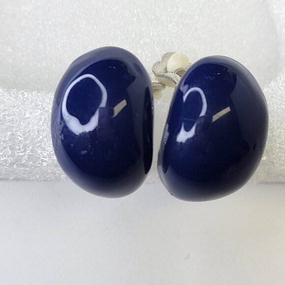 Dark Blue Clip On Earrings Oval Shaped Enamelled Earrings - Picture 1 of 4